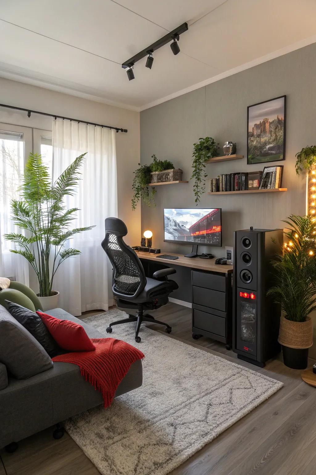 A gaming bedroom featuring potted plants for a natural touch.