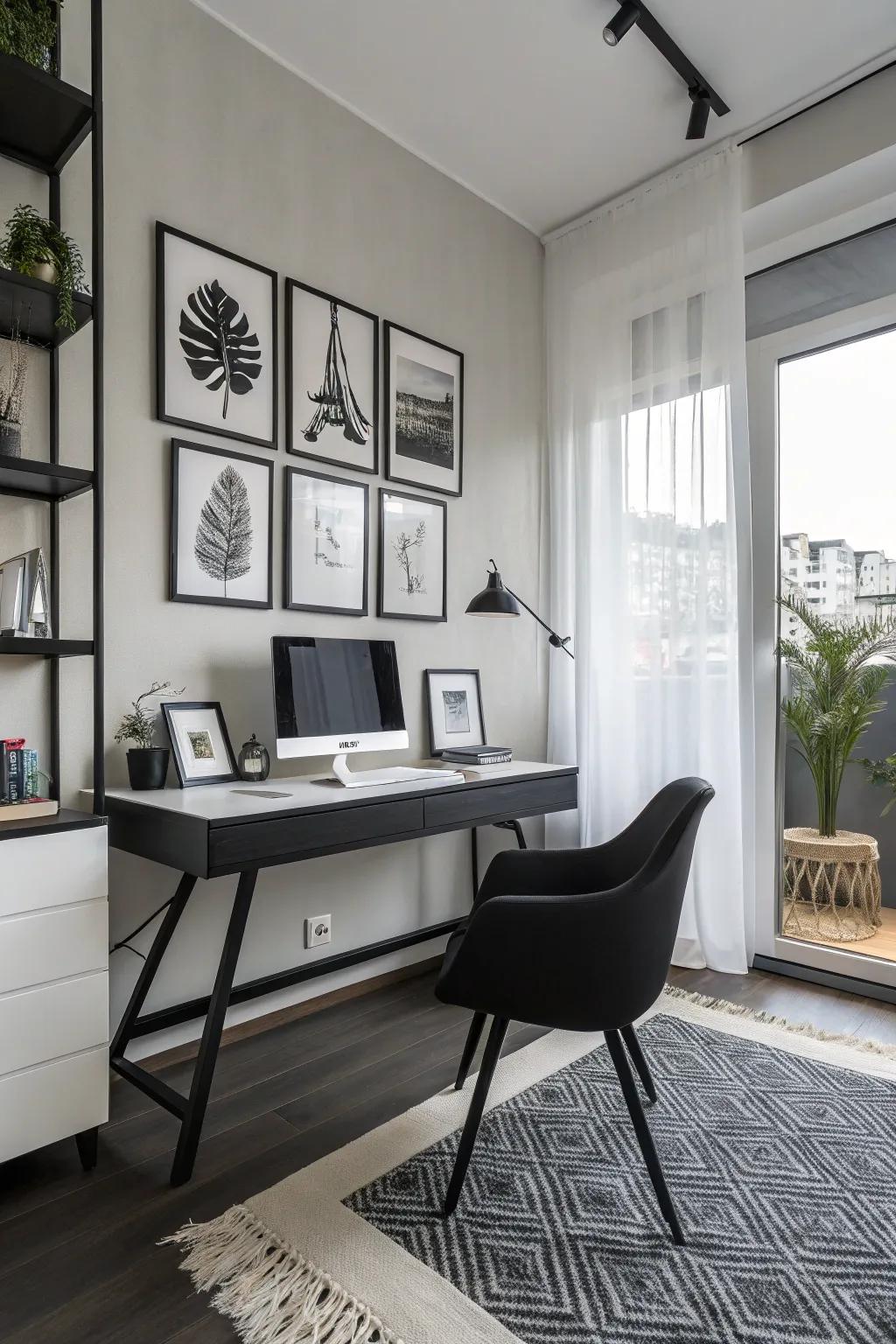 Monochromatic theme creating a sleek office environment.