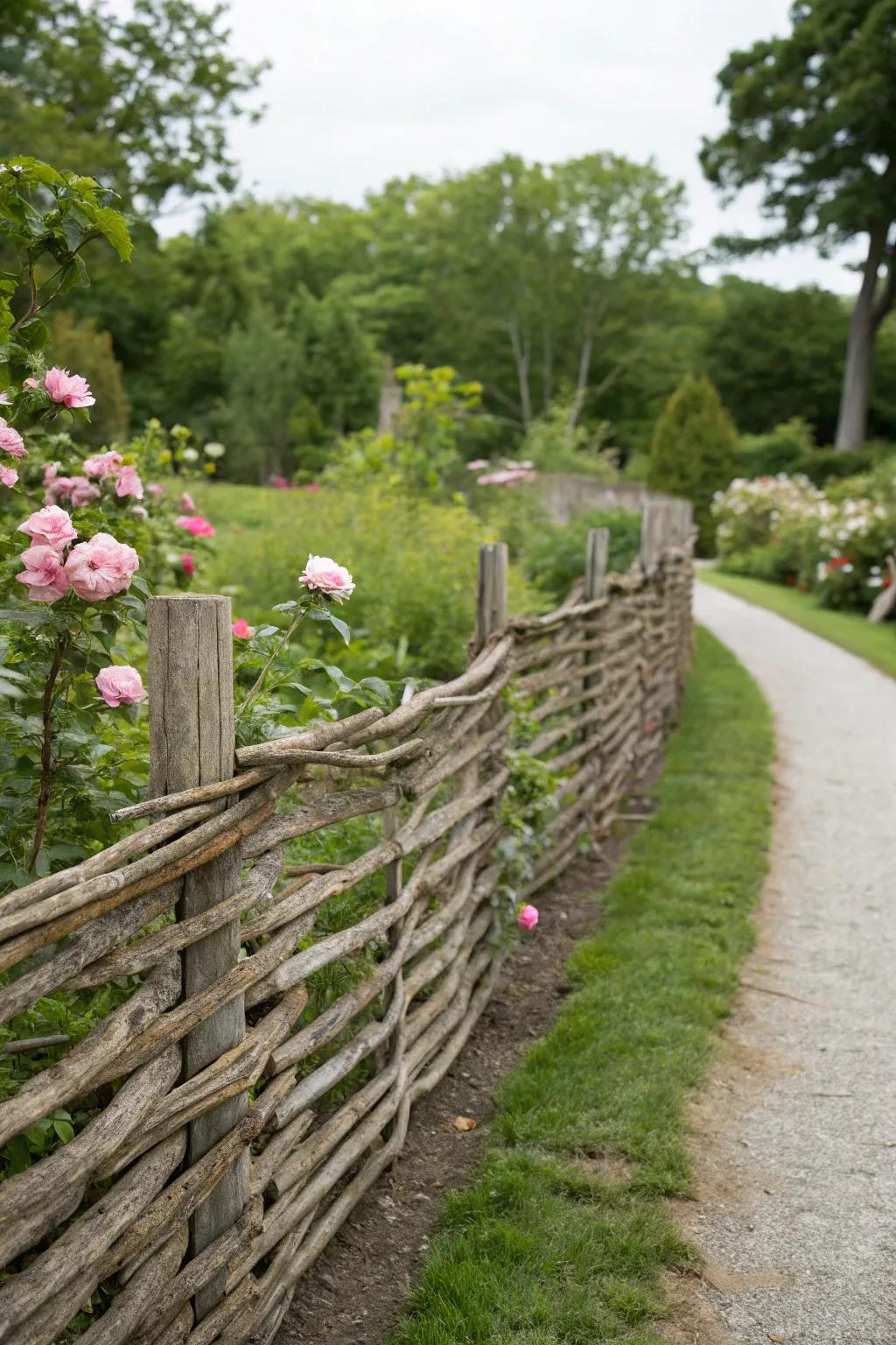 Enhance your garden with the rustic allure of an interwoven wood fence.