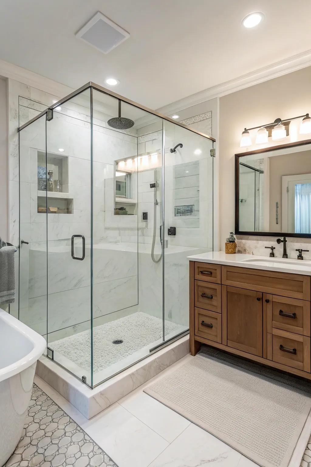 A step-in shower contributes to a luxurious bathroom experience.