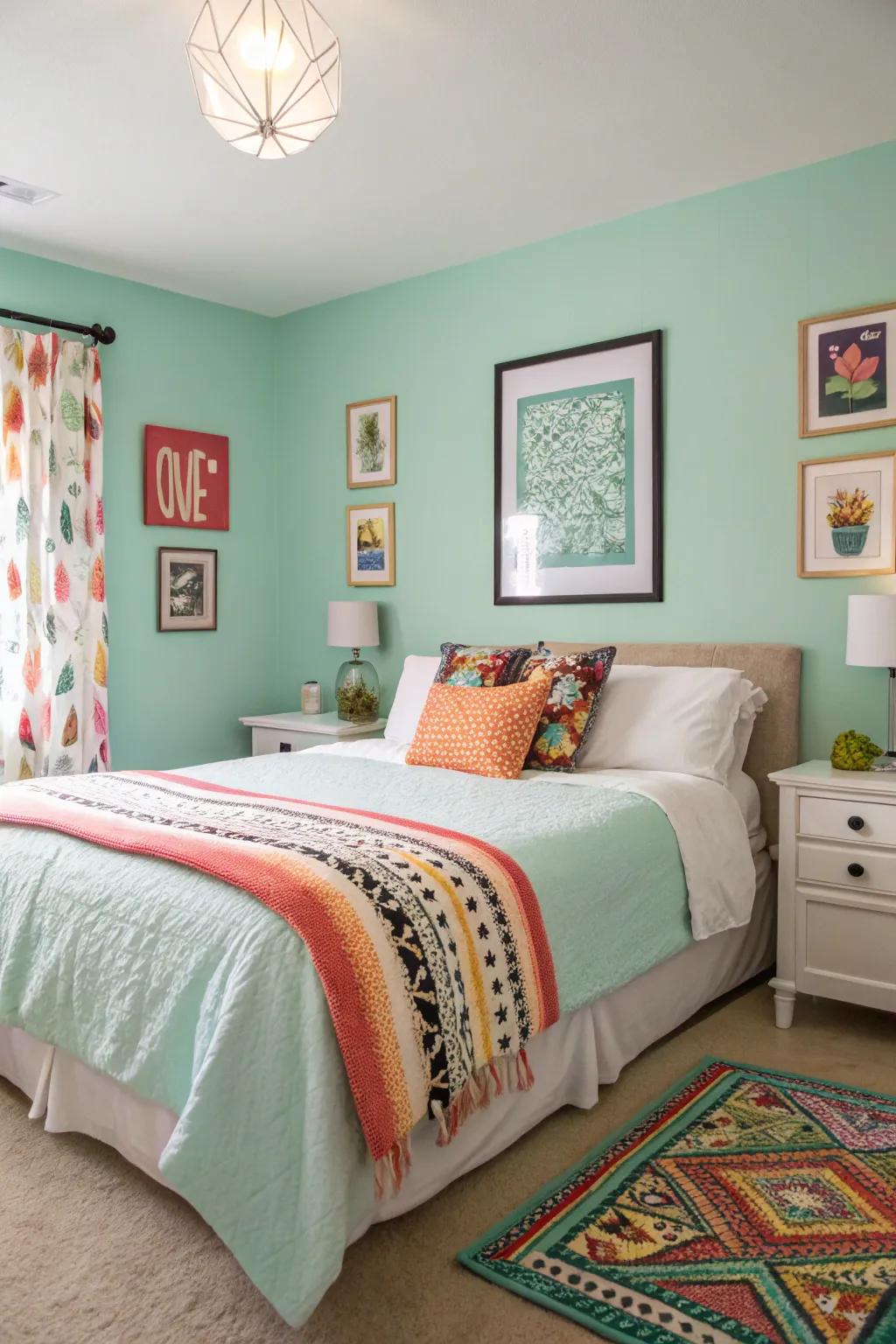 A playful splash of hue in a springtime green boudoir.