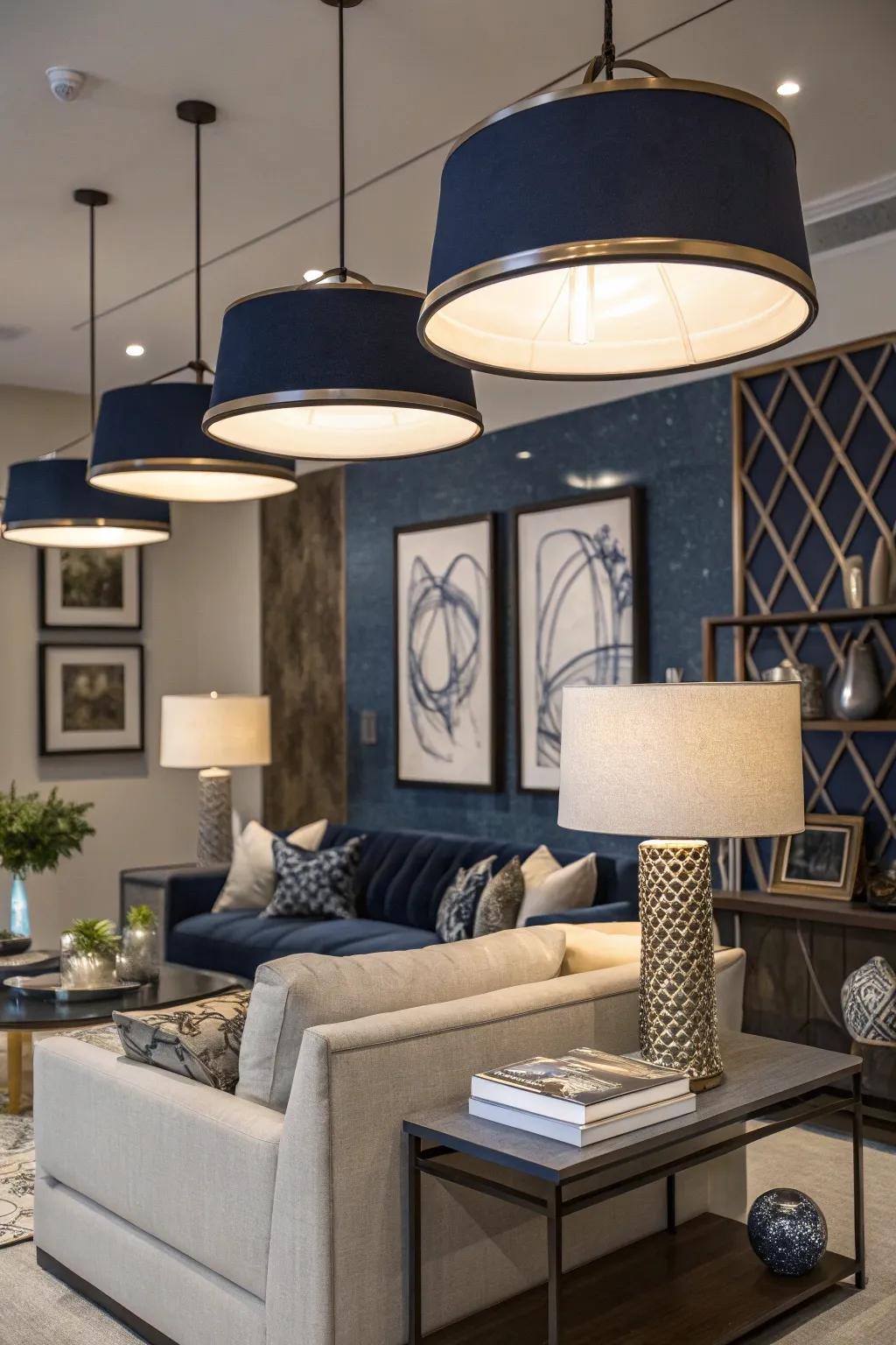 Navy lighting fixtures add style and functionality.