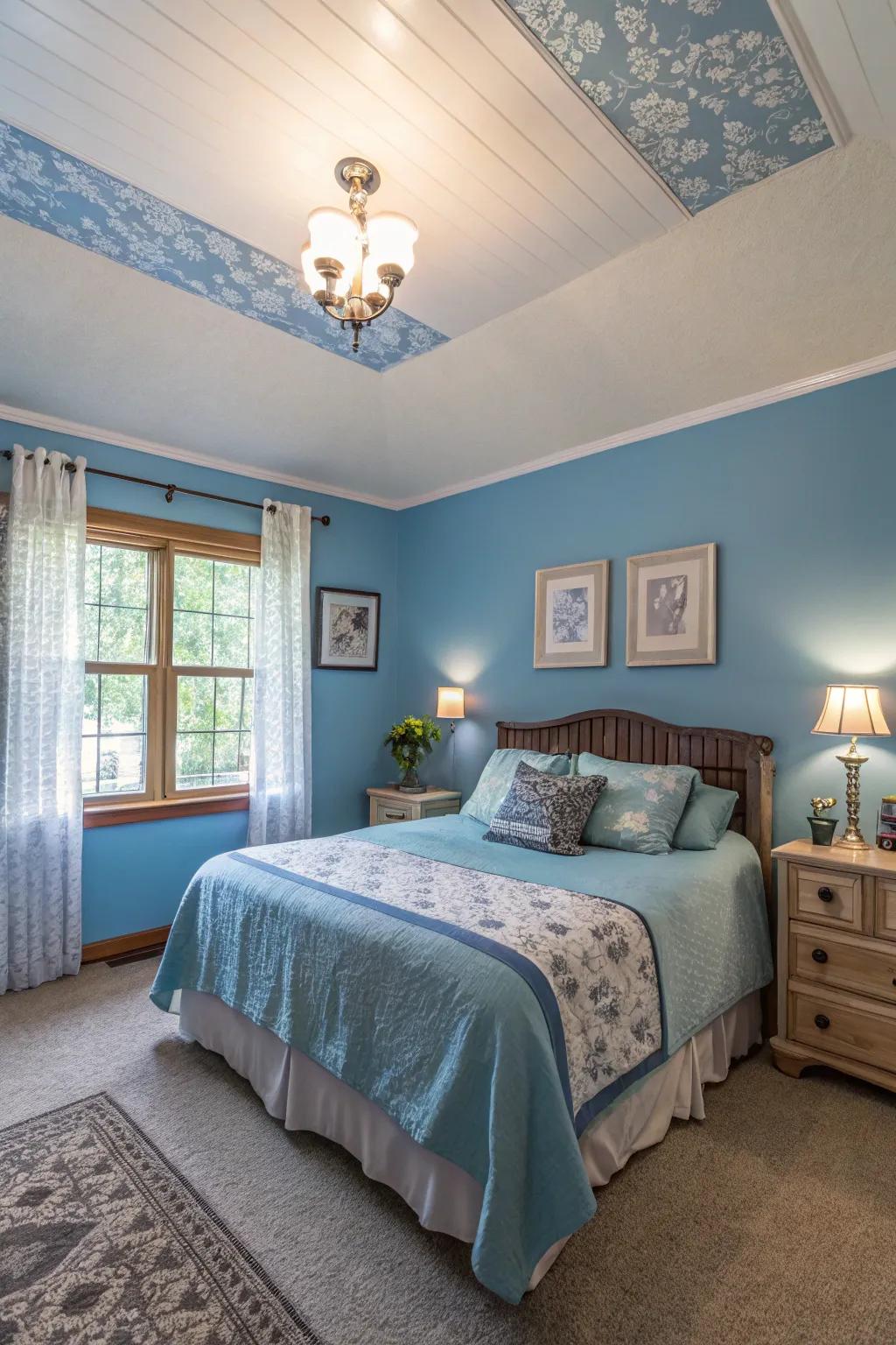 A light blue ceiling adds an unexpected twist and openness to the room.