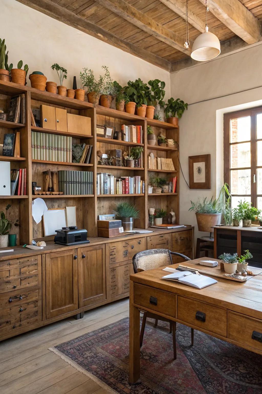 Open shelving provides both storage and aesthetic appeal in a rustic office.