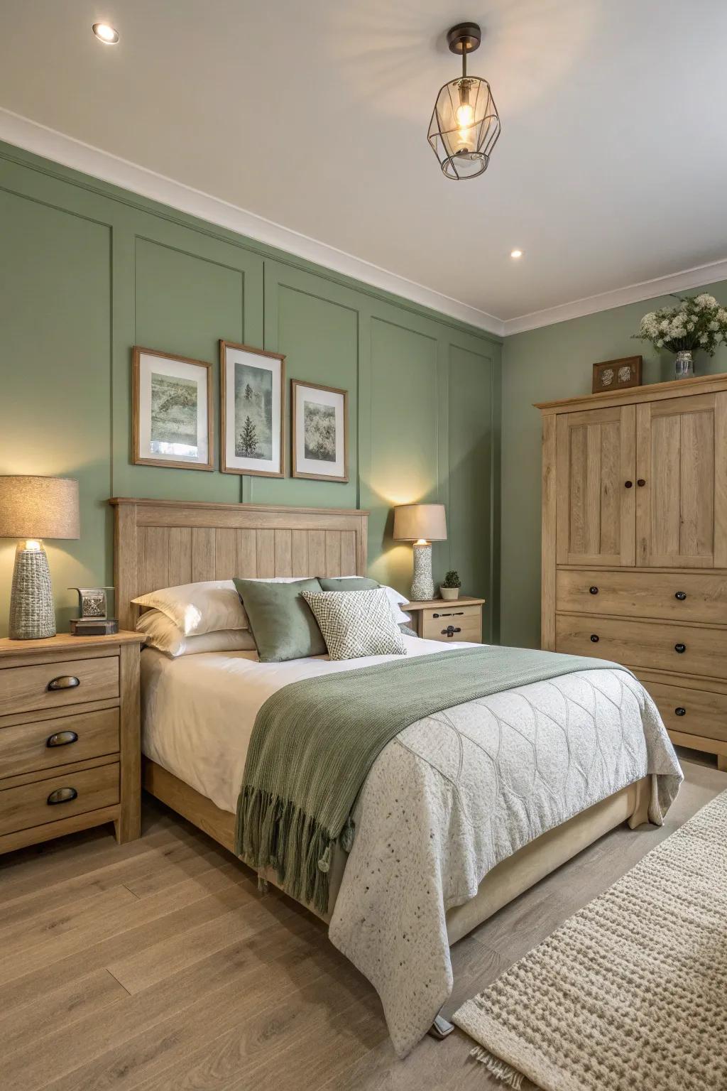 Sage green and neutral tones create a calm and inviting bedroom.