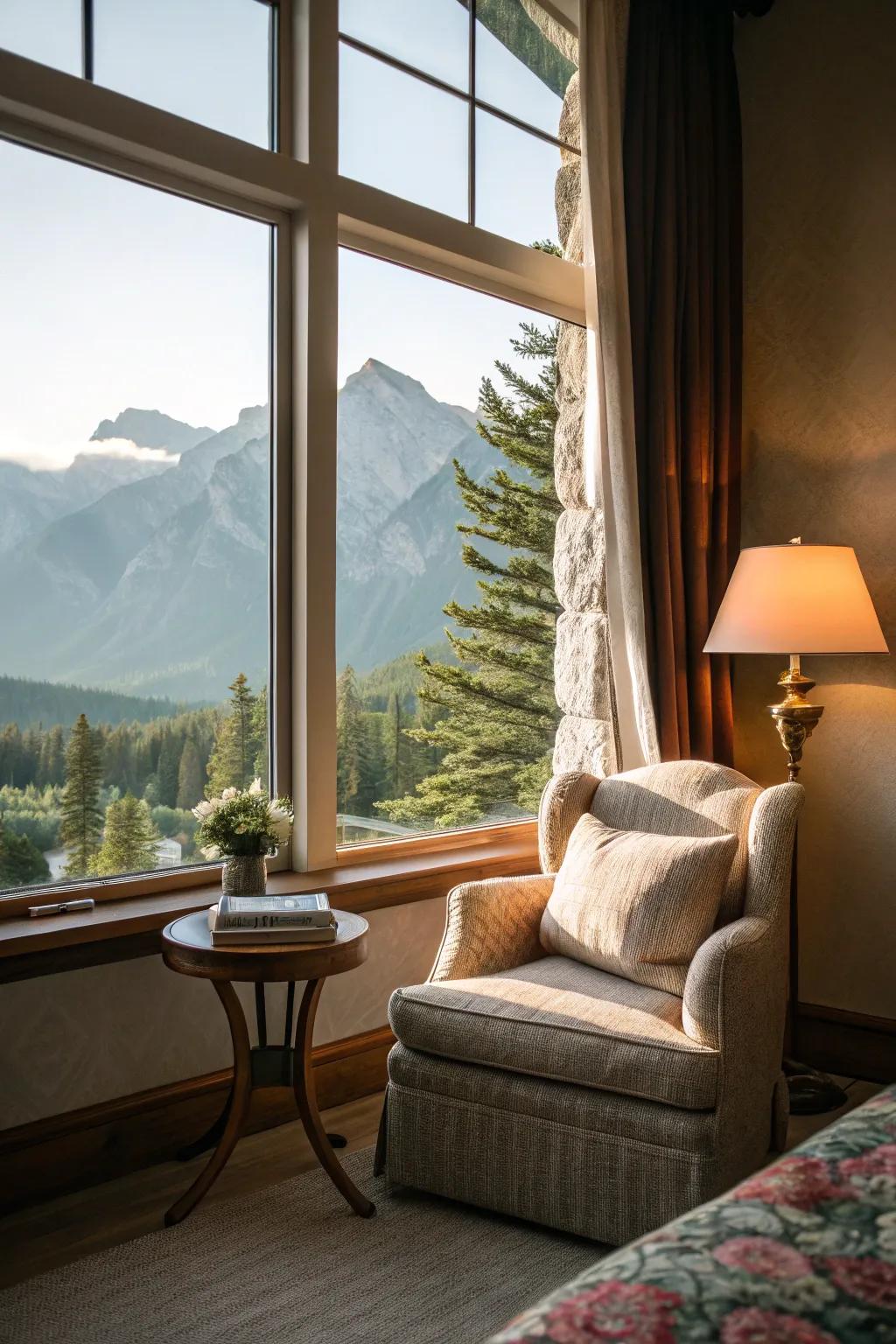 A reading nook offers escape with views.