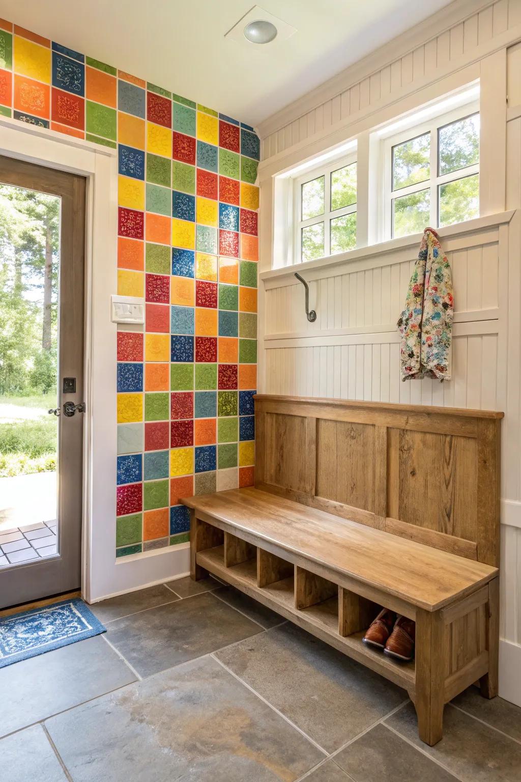 A bold mudroom bench with a colorful tiled design.