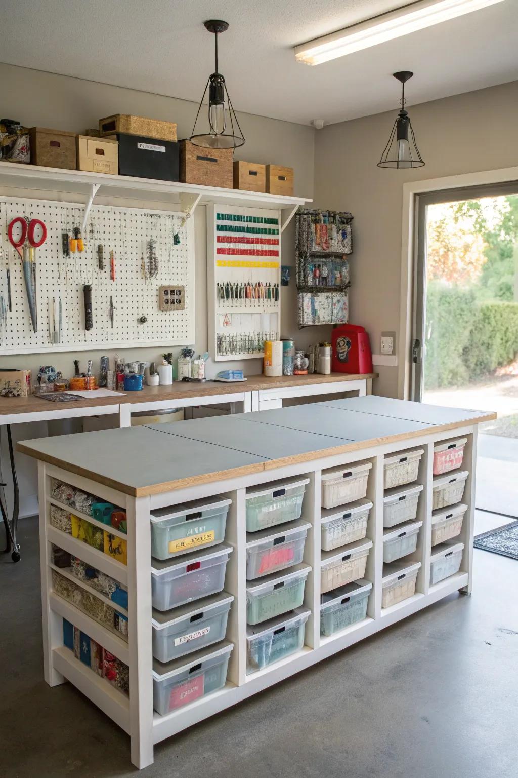 A well-organized crafts and hobbies corner in a garage.