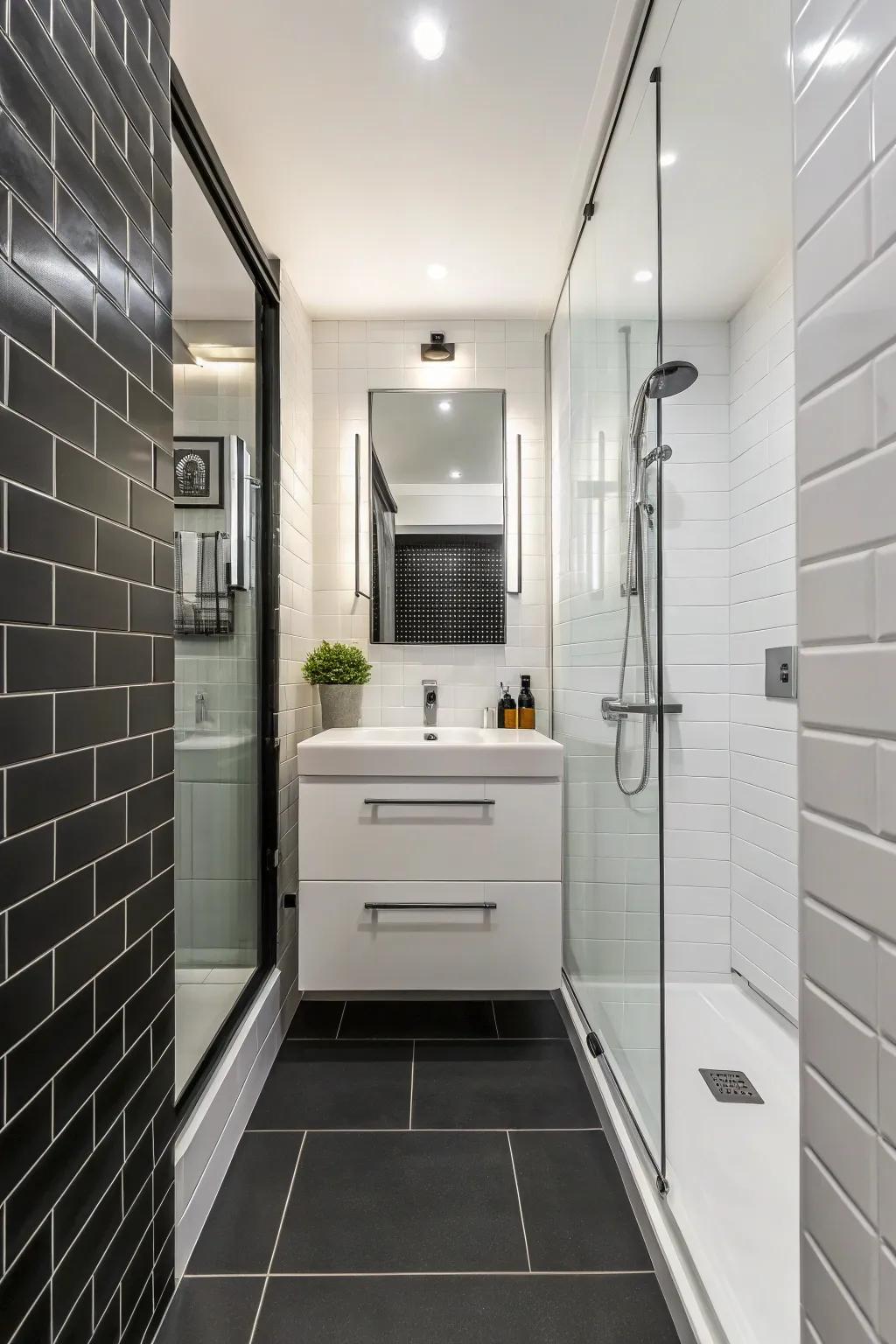 Contrasting colors bring sophistication and depth to narrow bathrooms.