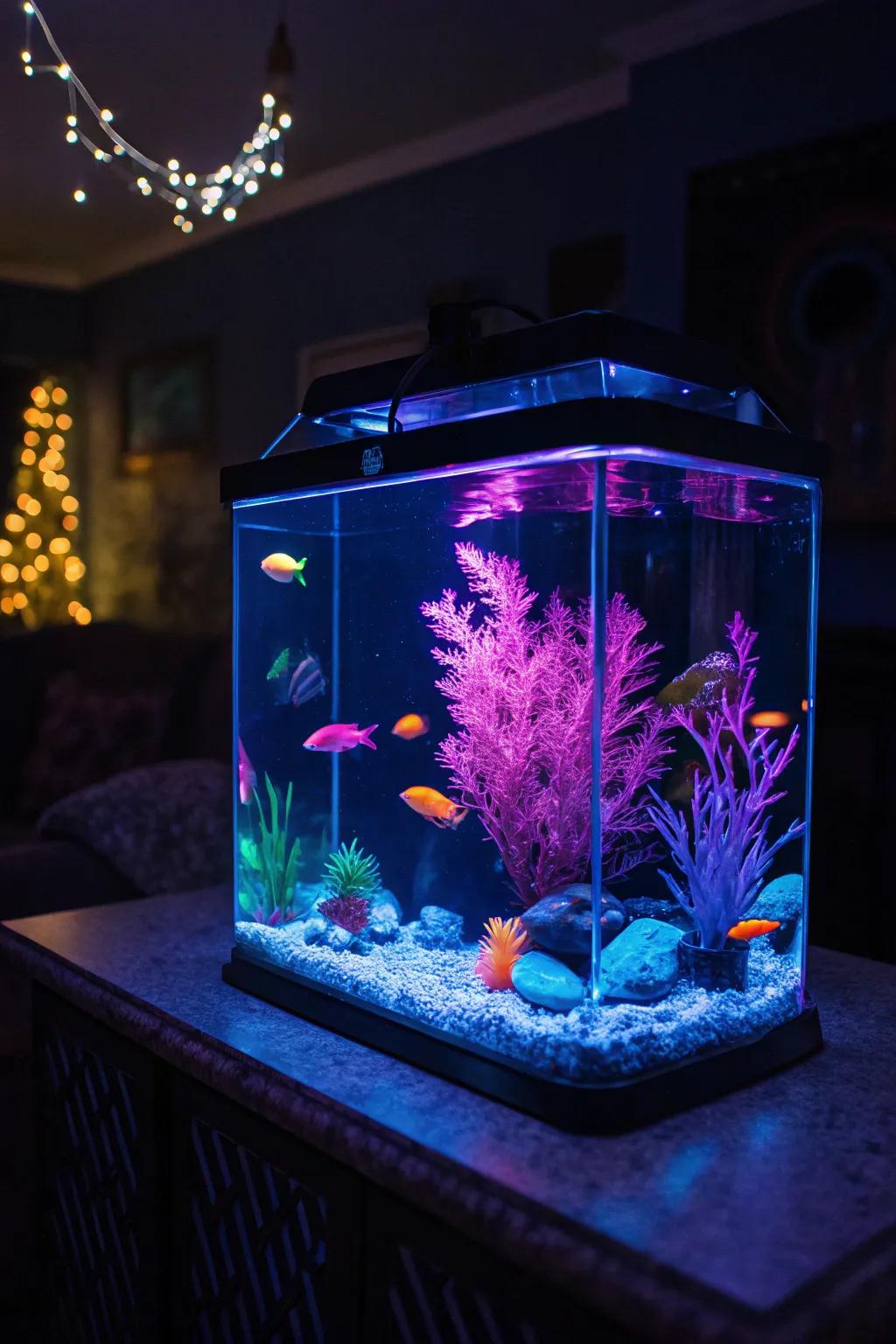 Black light enhances the glowing effect of this neon aquarium.