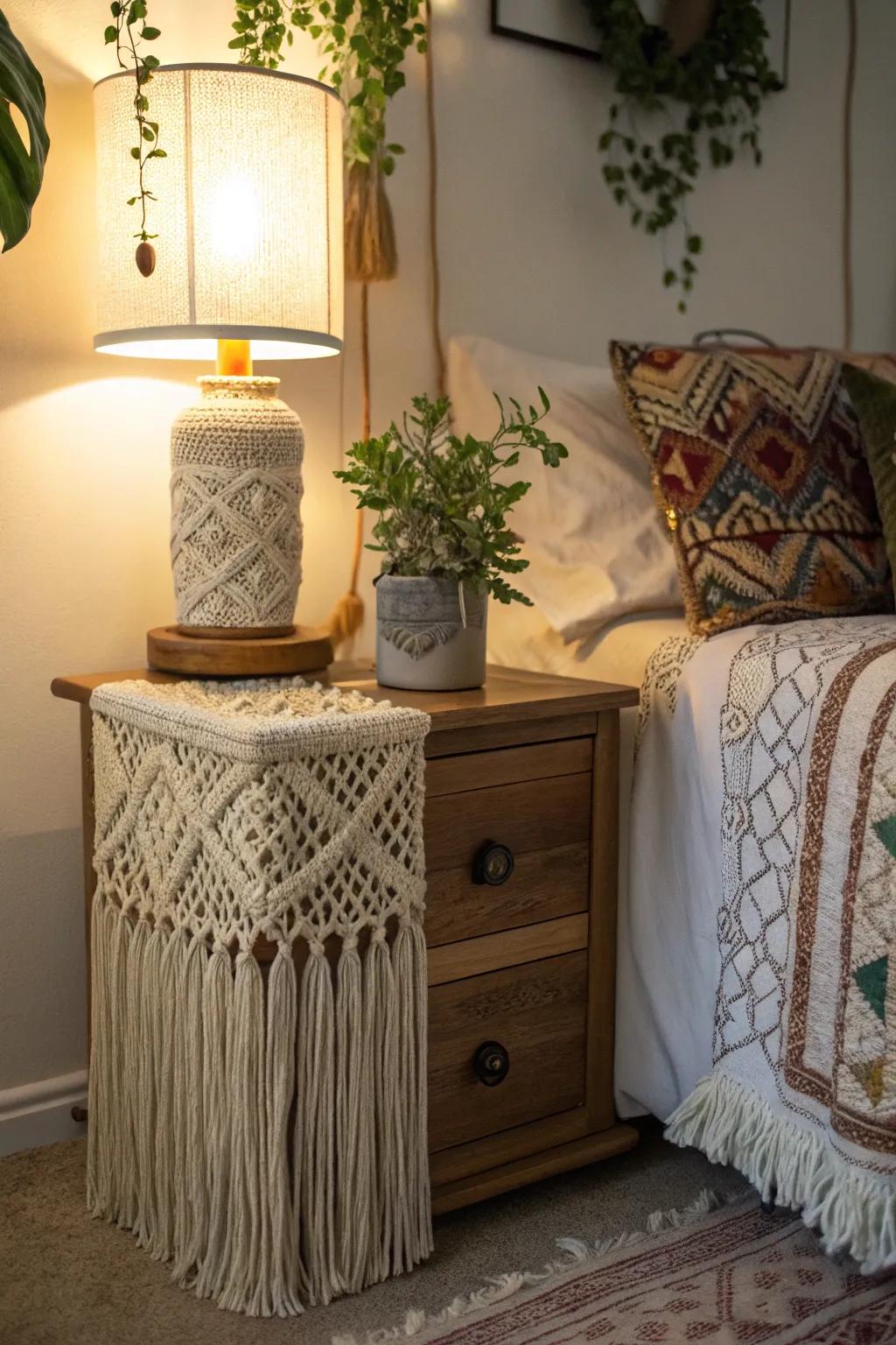 Macramé art adds a bohemian charm.