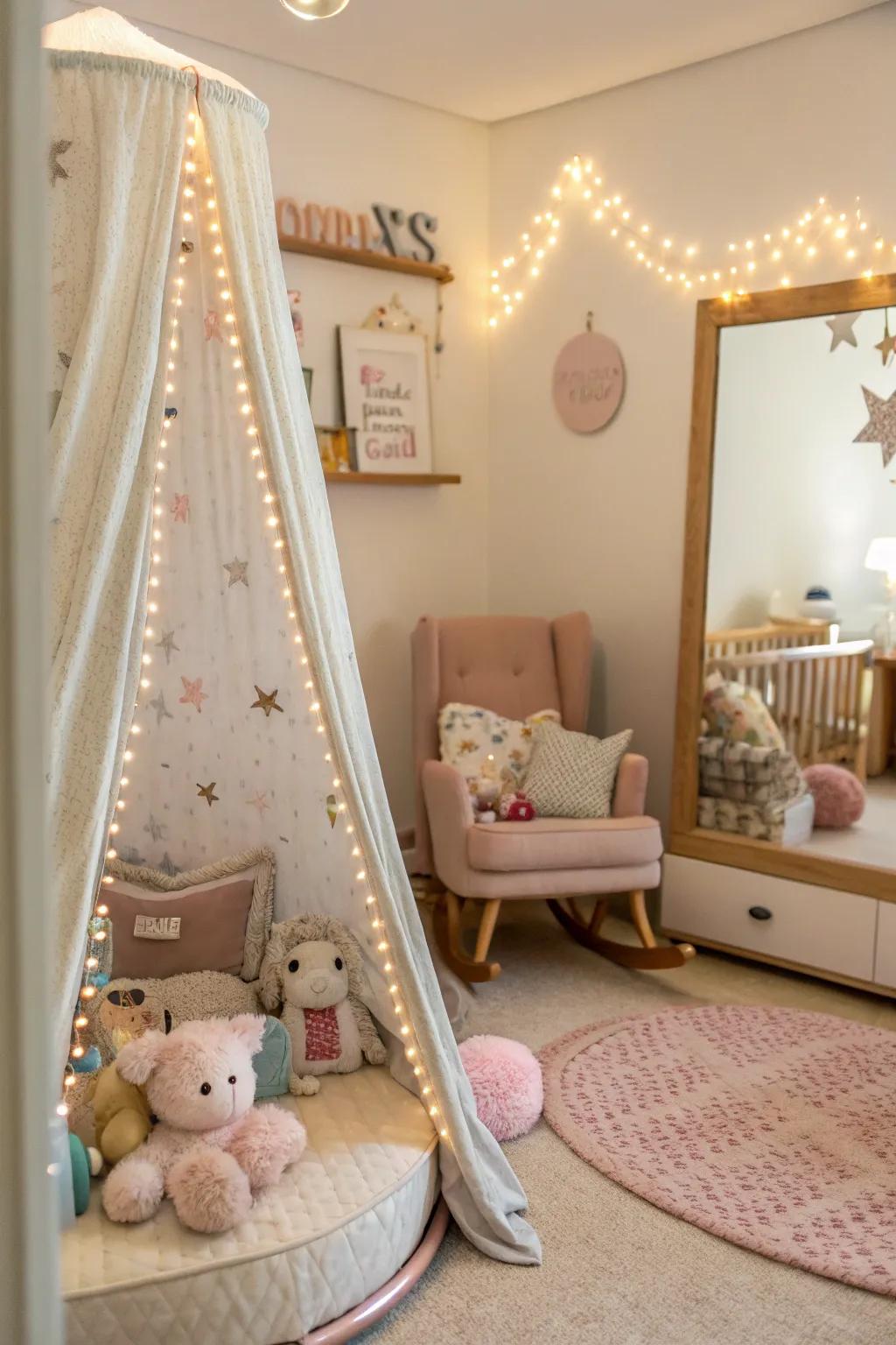 A mirror reflecting a canopy enhances the cozy vibes of this nursery.