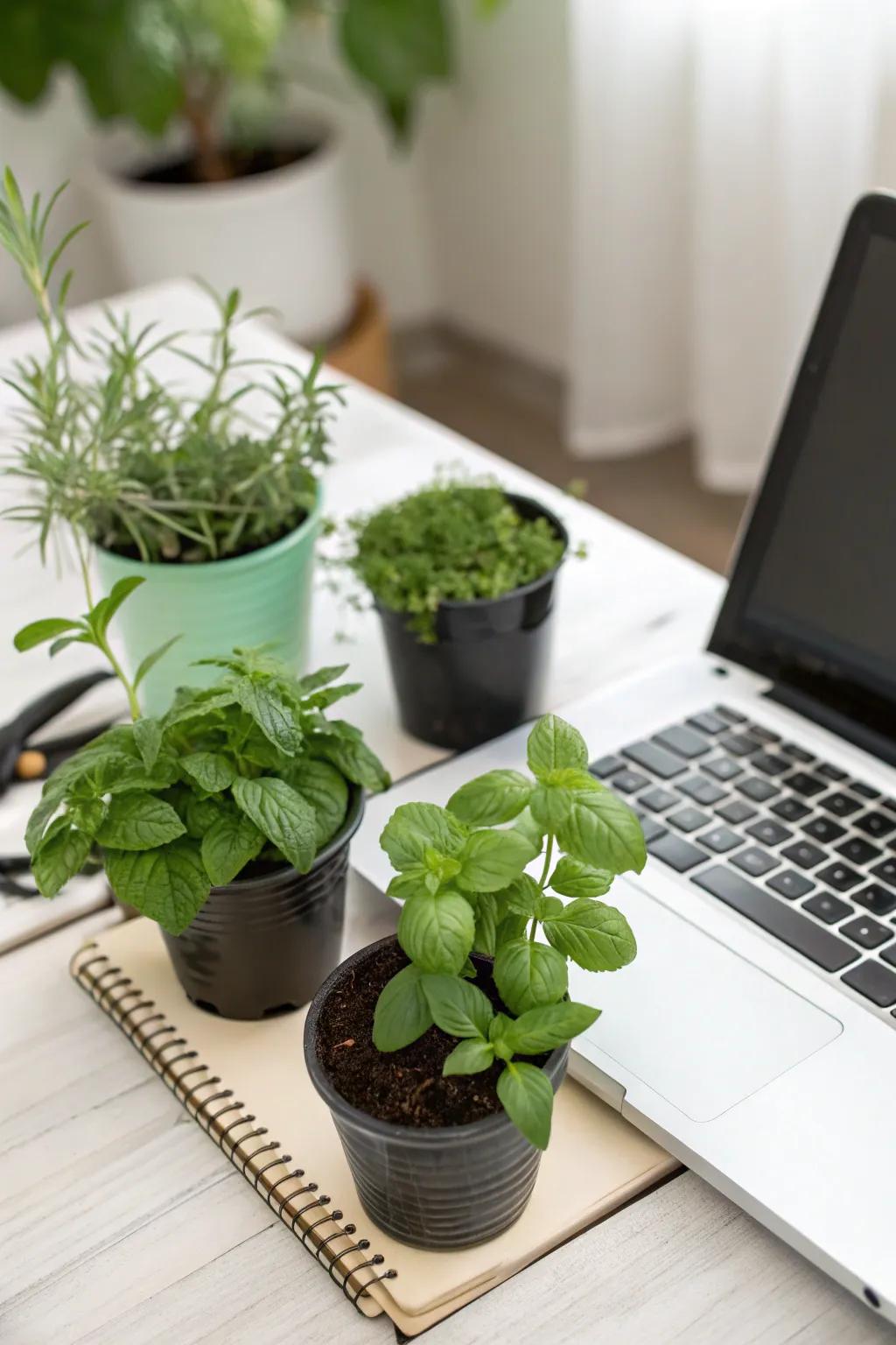 Add freshness and scent using small pots of herbs.