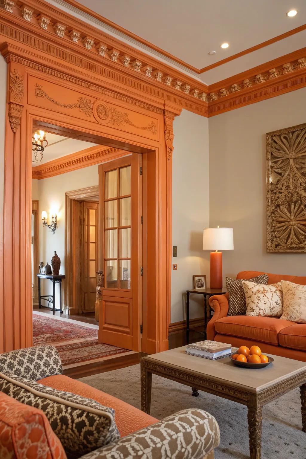 Orange accents highlight the architectural features, adding a modern touch.