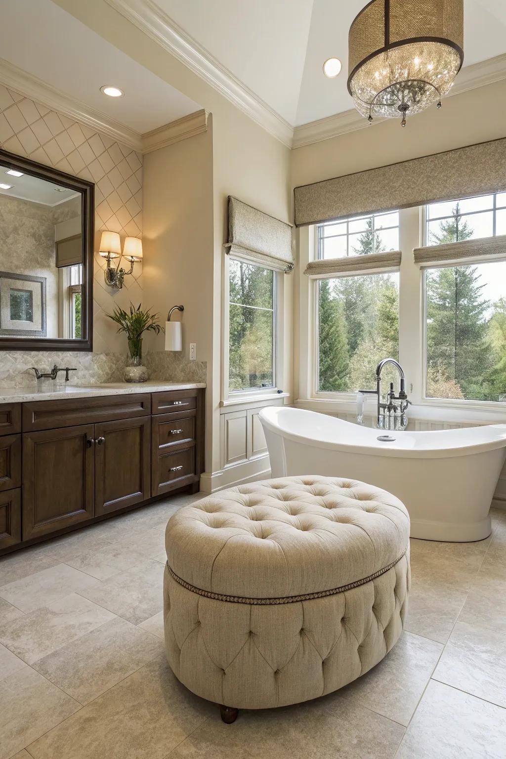 An elegant ottoman enhancing bathroom luxury