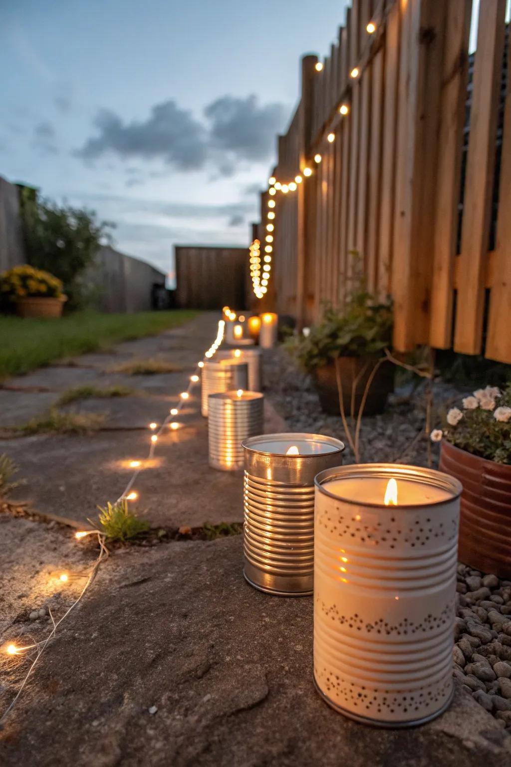 Repurposed tin cans can become unique, eye-catching candle holders.