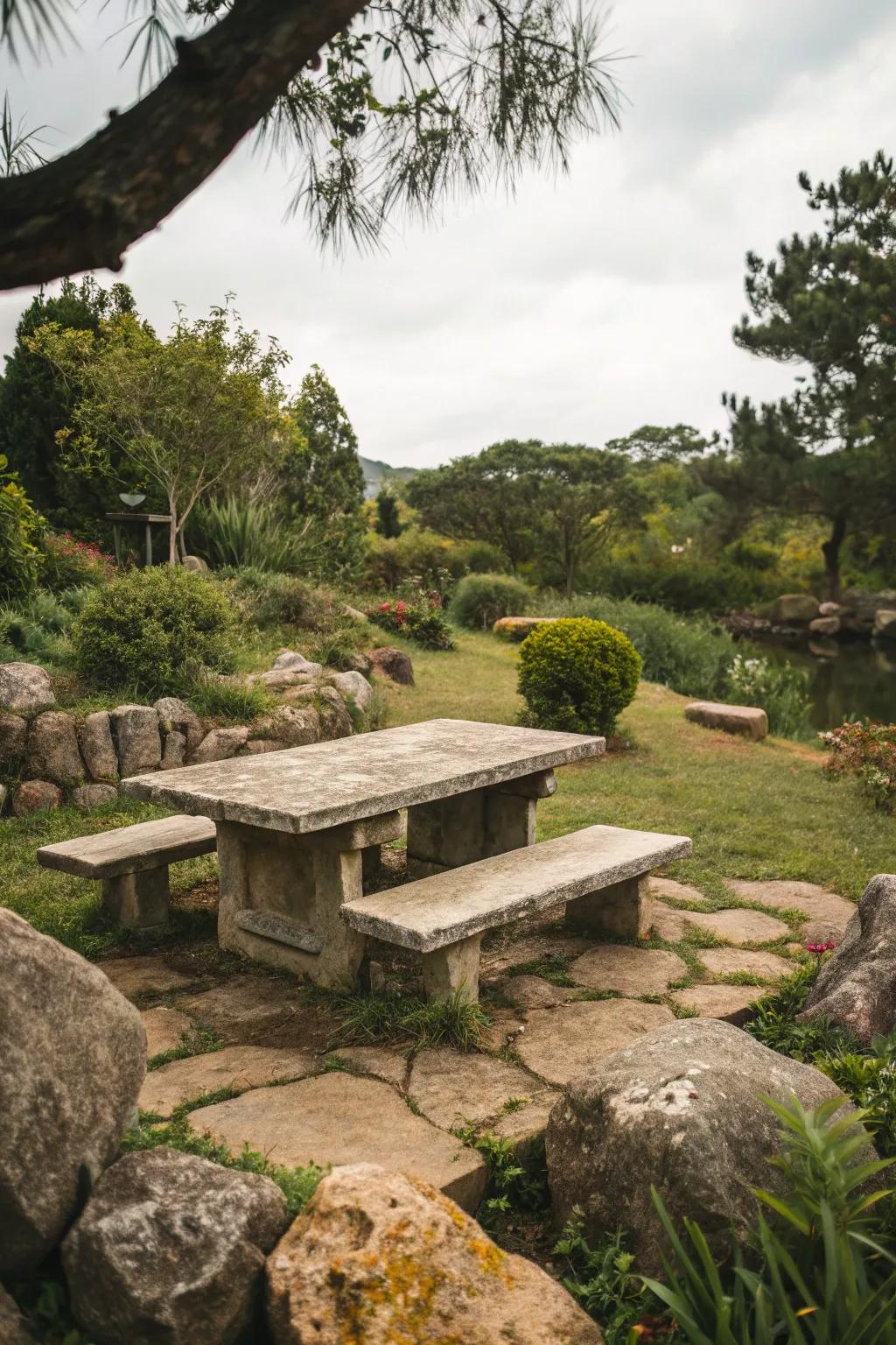 Stone tables offer timeless elegance and durability.