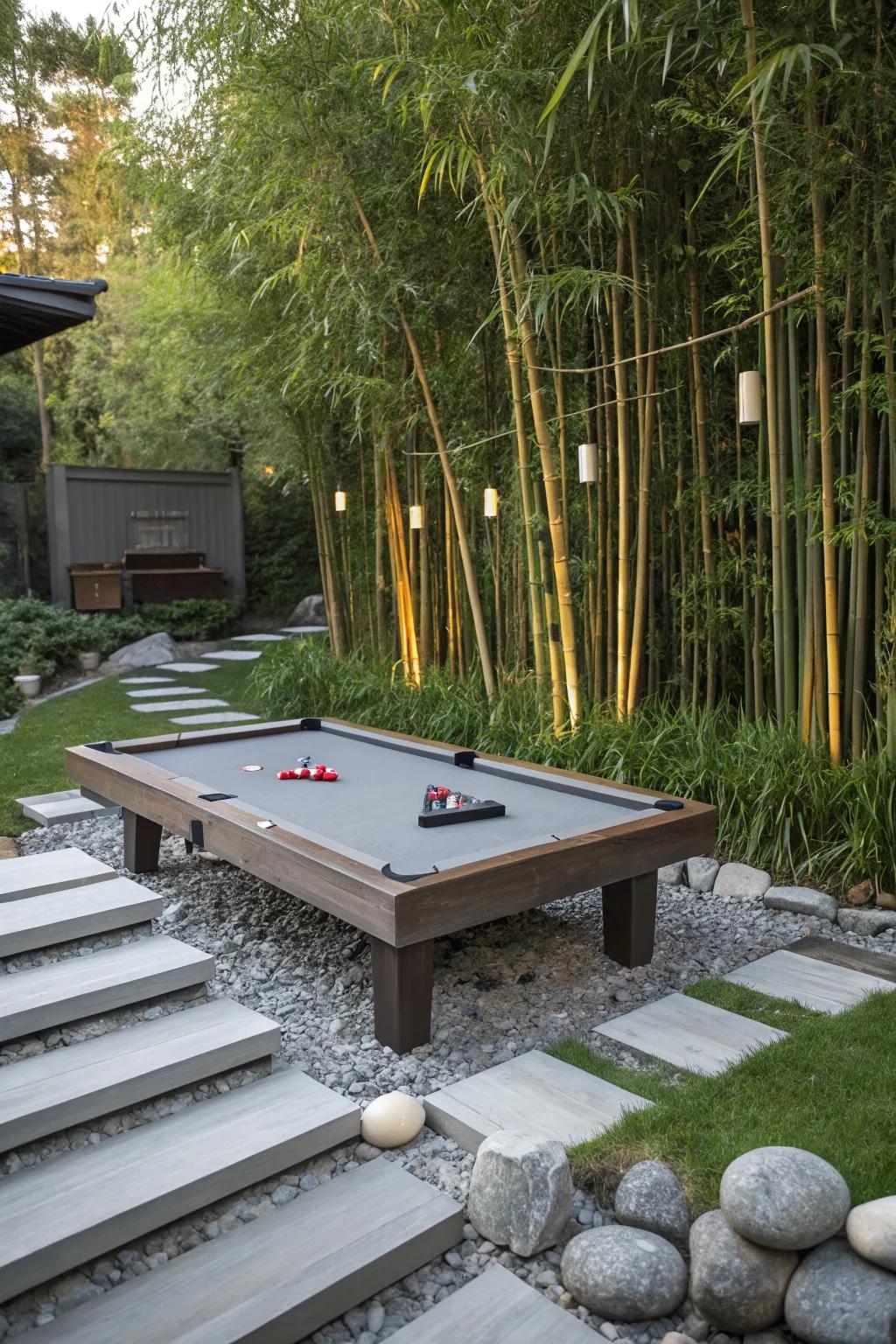 A pool table nestled in a tranquil Zen garden.