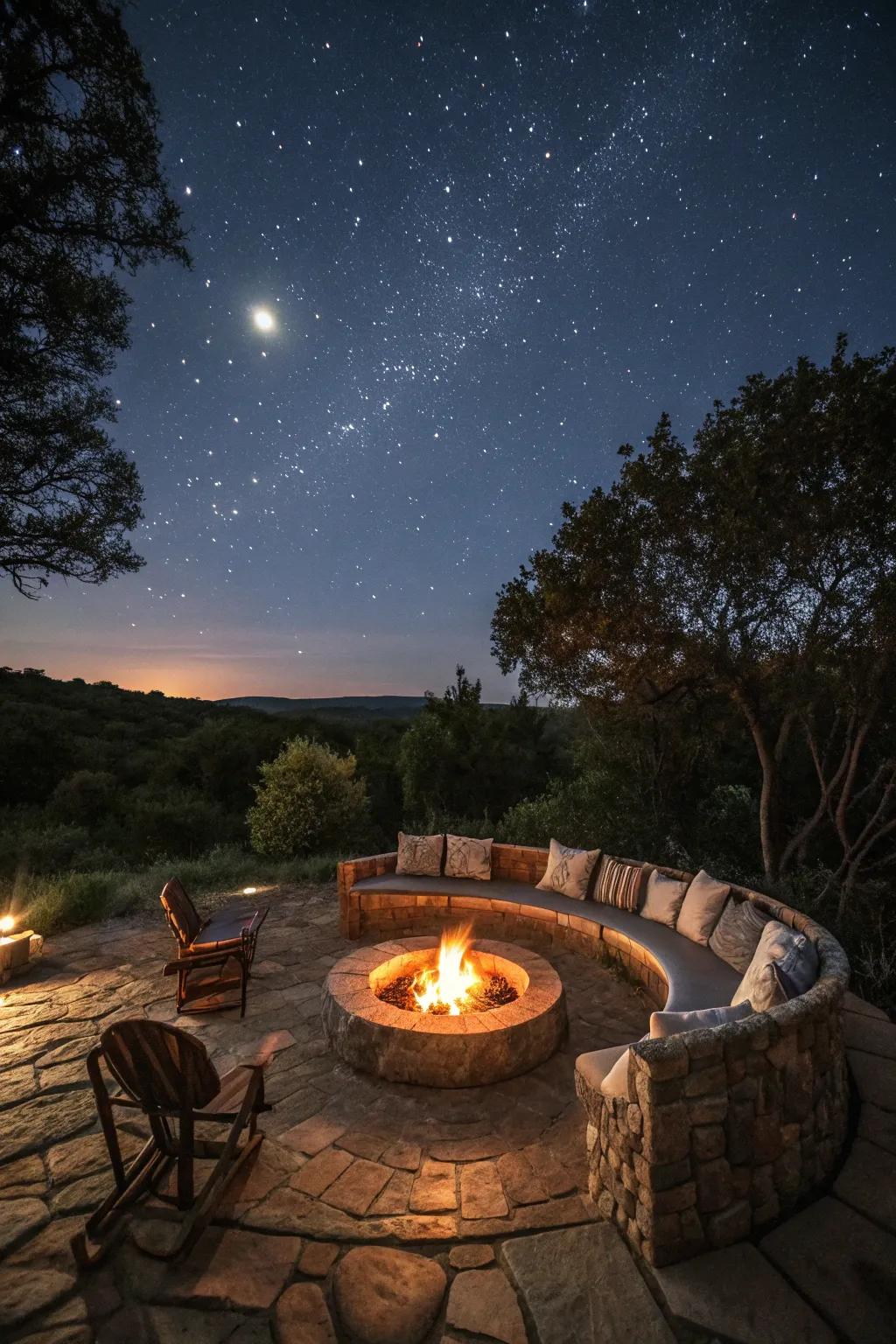 A fire pit adds warmth and a gathering point for outdoor evenings.