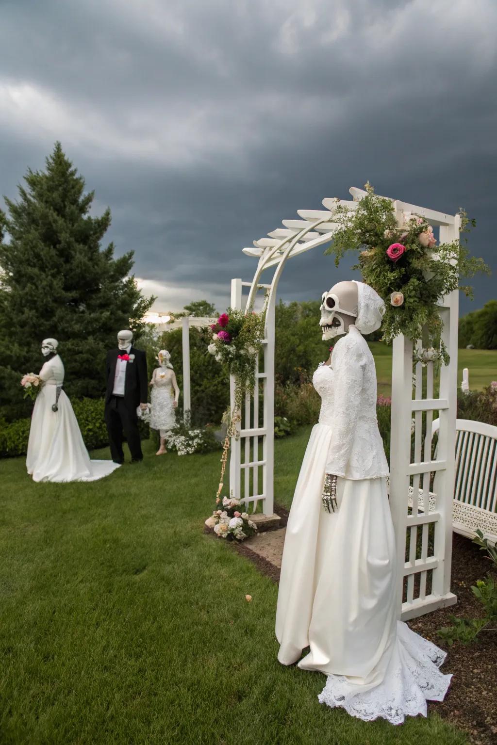 A spooky yet romantic skeleton wedding scene.