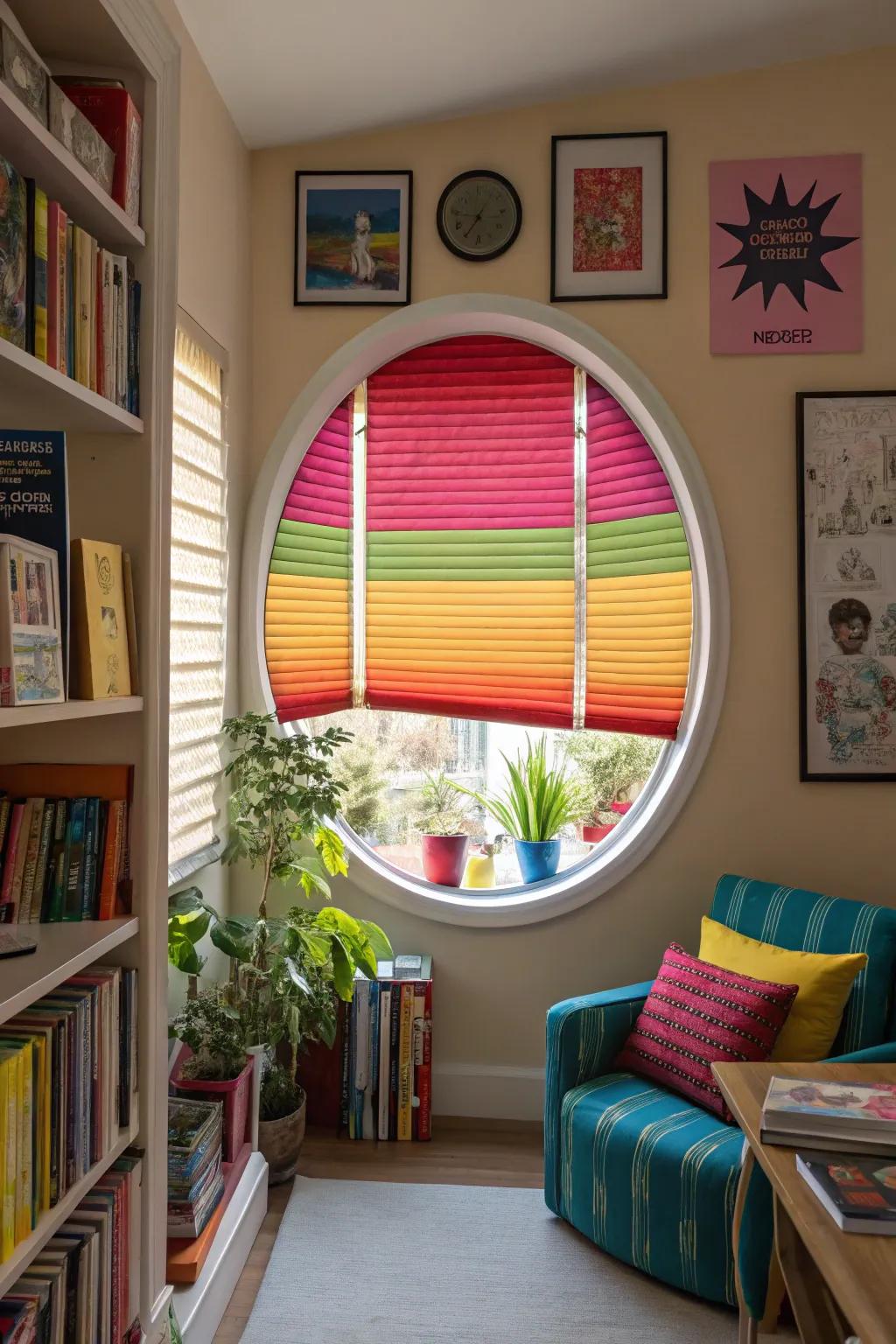 Bold colors on blinds can turn your oval windows into a focal point.