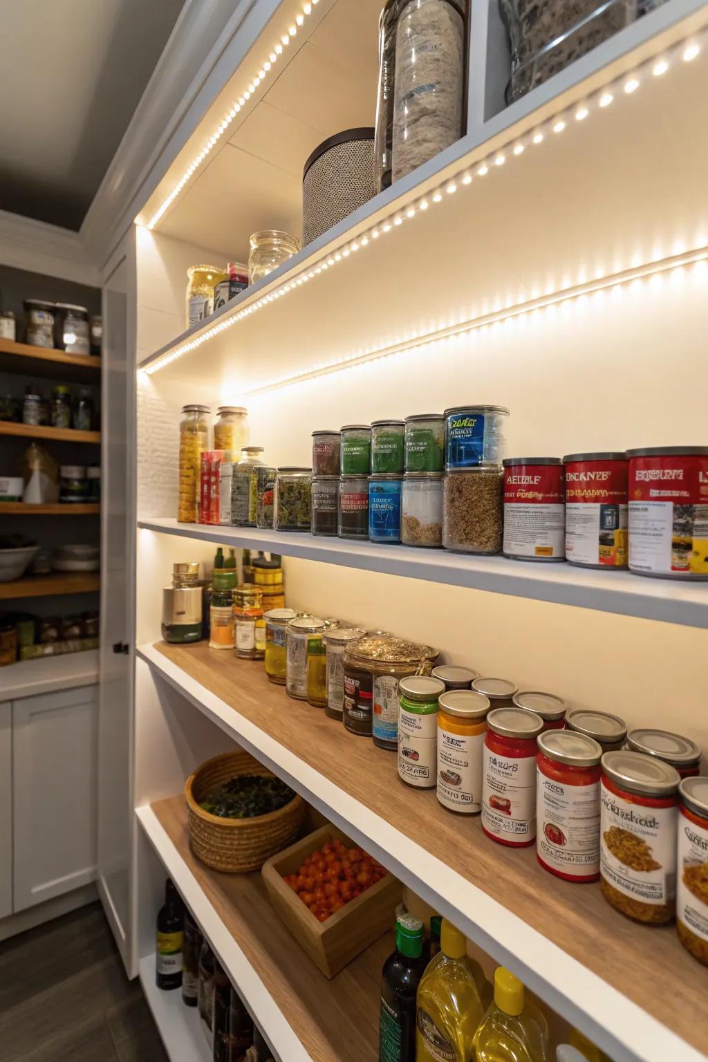 A pantry with built-in LED lighting providing a luxurious glow.