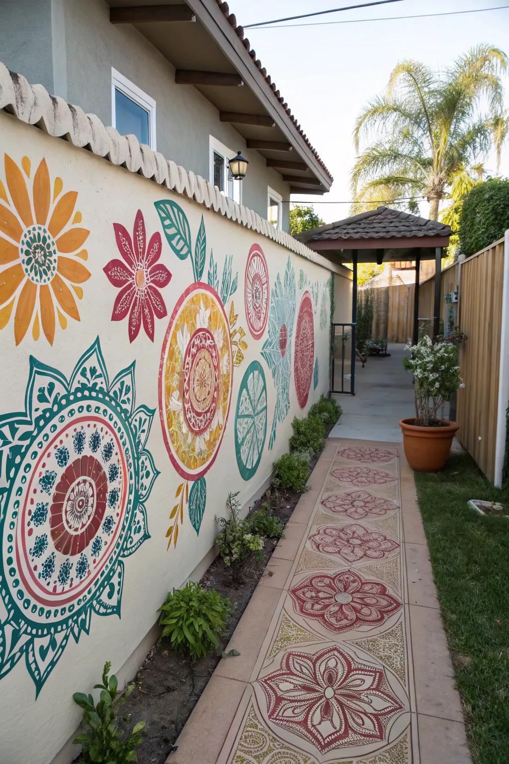 Artistic wall decals infuse the patio with dynamic patterns and color.