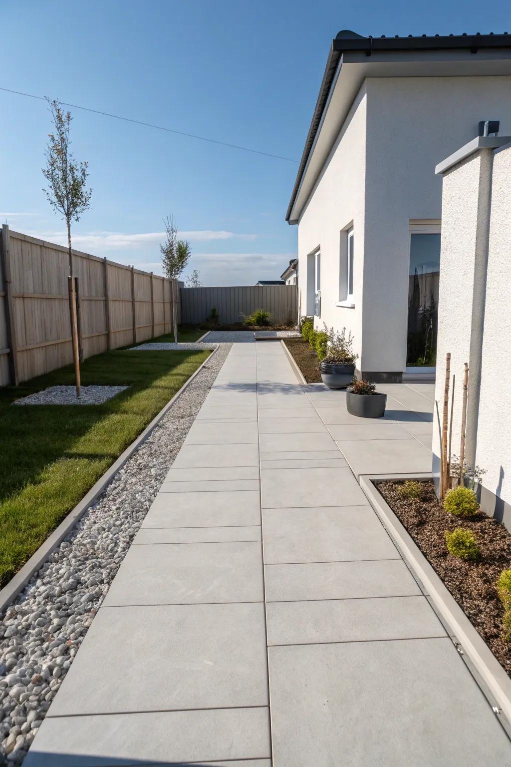 A sleek porcelain walkway in a minimalist backyard setting.