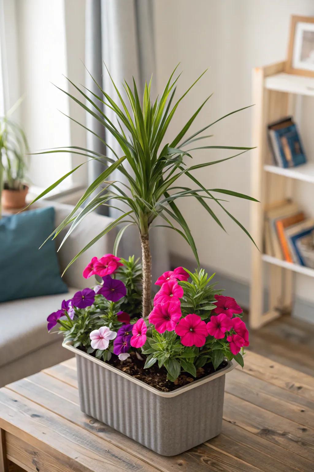 Dracaena Spike adds dramatic height to petunia arrangements.