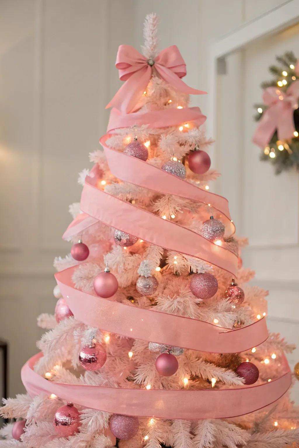 Layered ribbons add a touch of luxury to this pink tree.