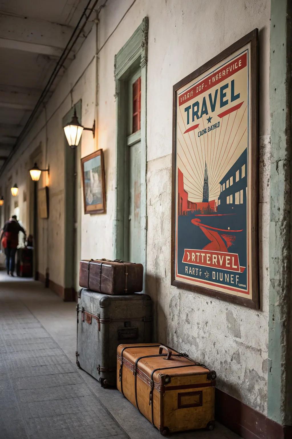 A vintage style travel print creating nostalgia in a hallway.