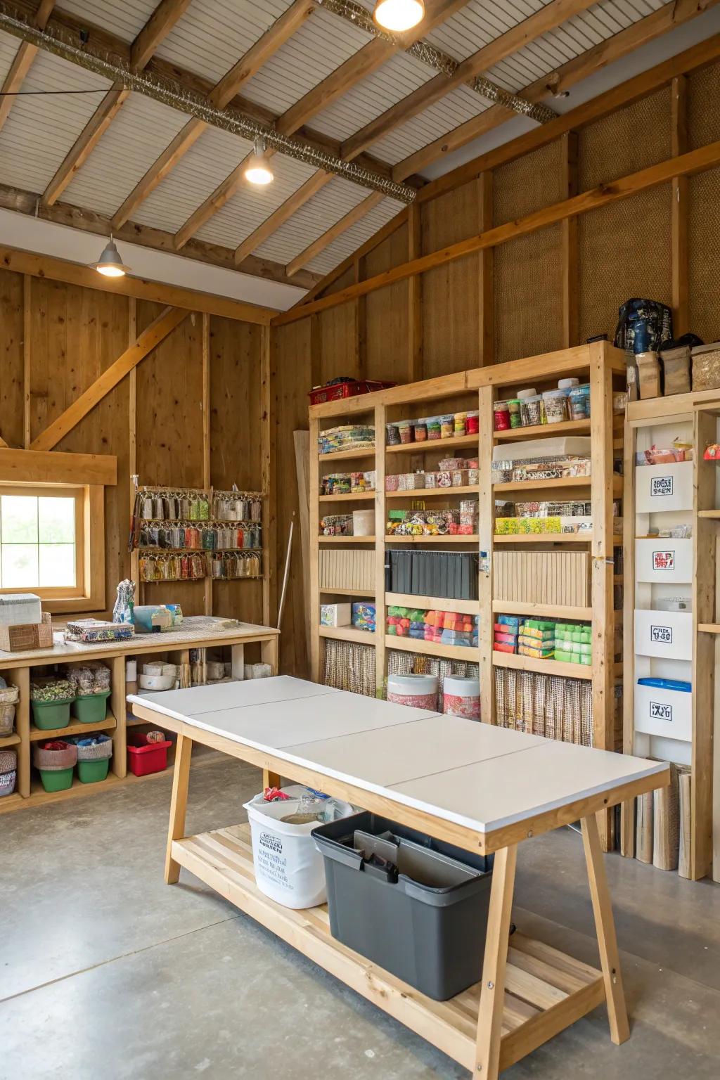 A hobby corner in a pole barn with ample storage and workspace.