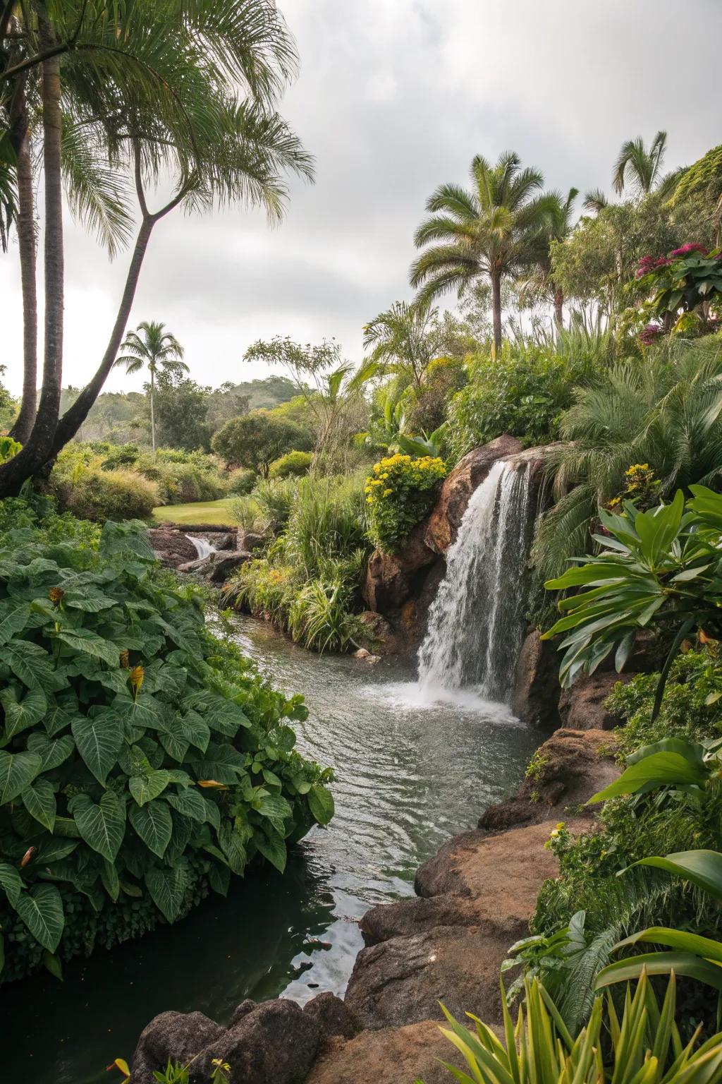 Transform your stream into a tropical escape with exotic plants and waterfalls.