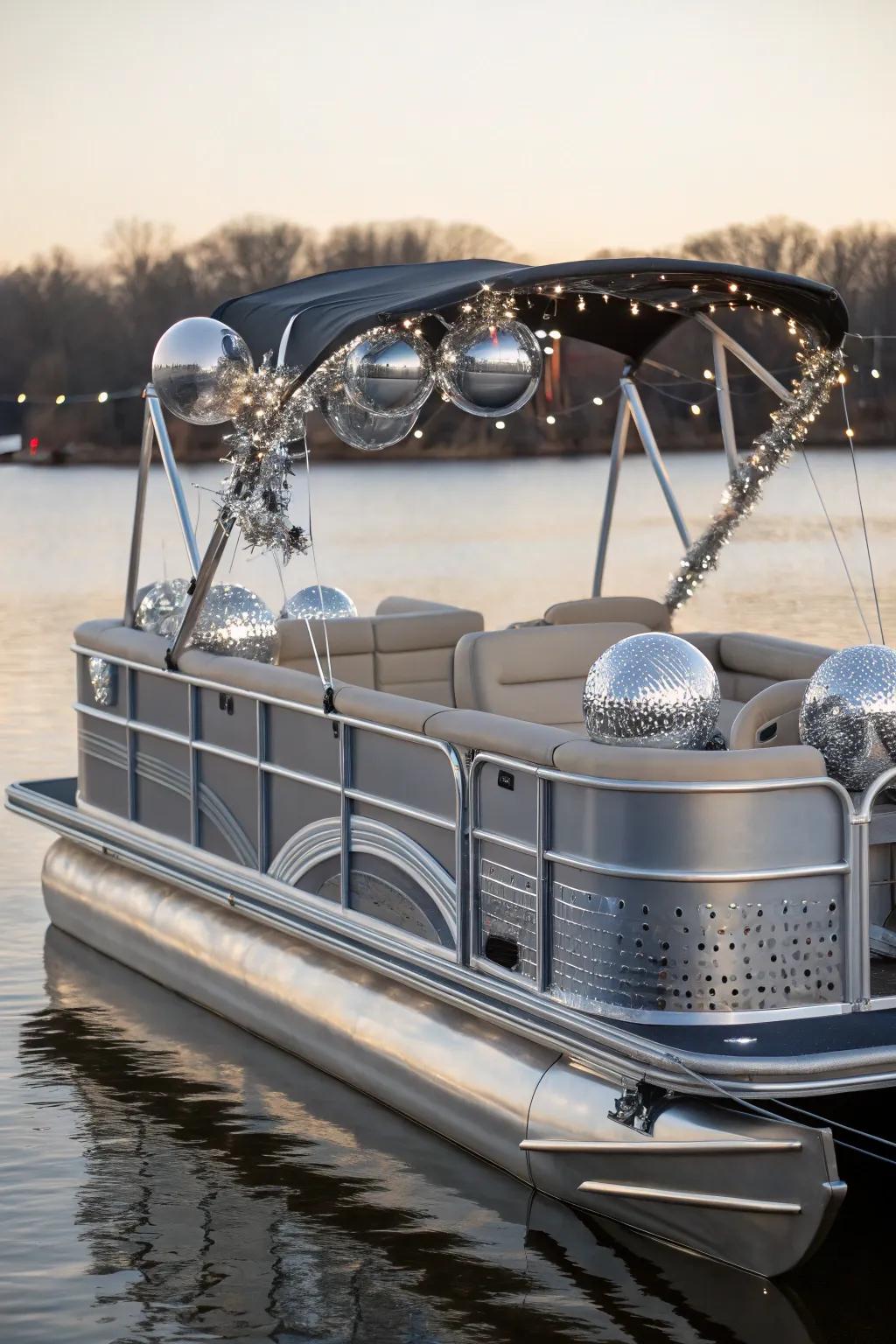 Futuristic-themed pontoon boat with metallic flair and modern style.