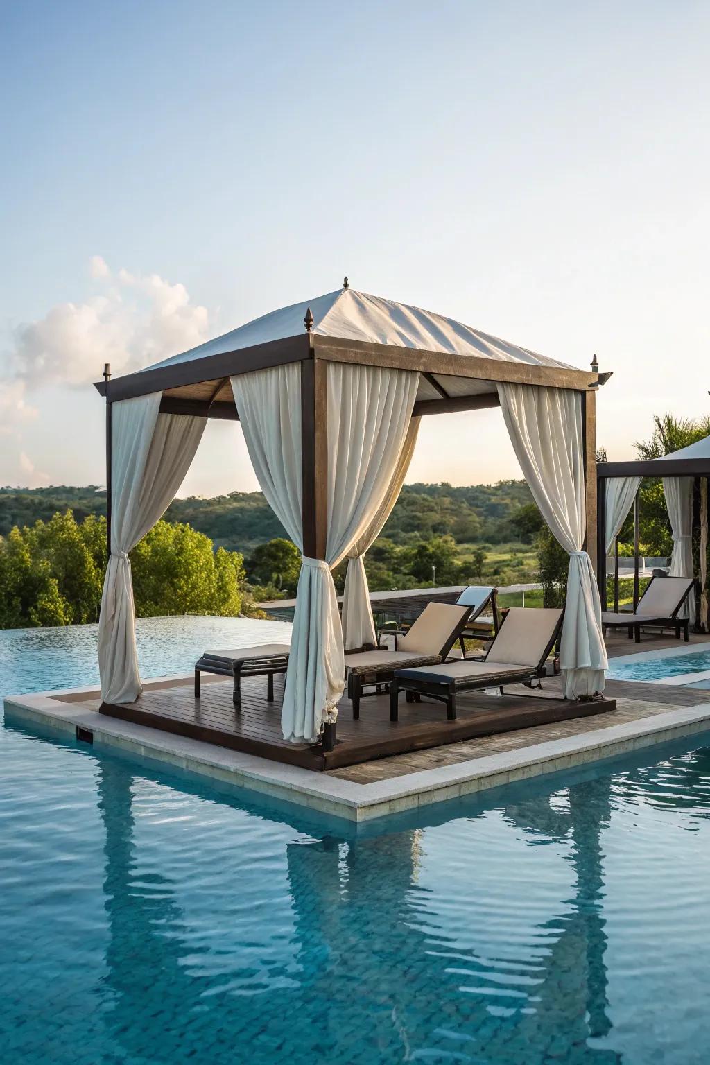 A luxurious floating cabana offering a unique poolside indulgence.