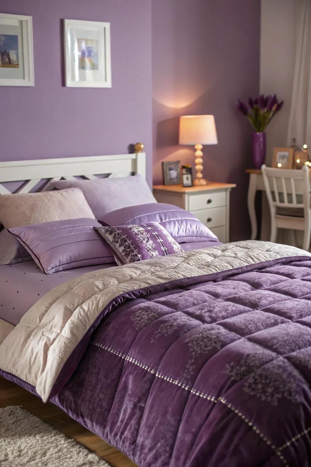 Layered luxurious bedding enhancing the comfort of a violet sleeping space.