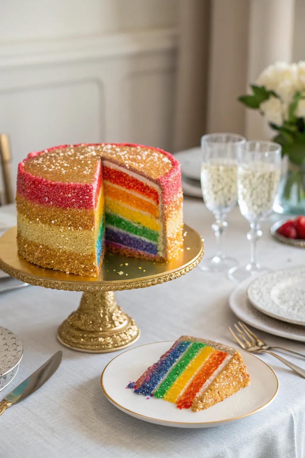 Edible glitter adds a touch of magic to the rainbow cake.