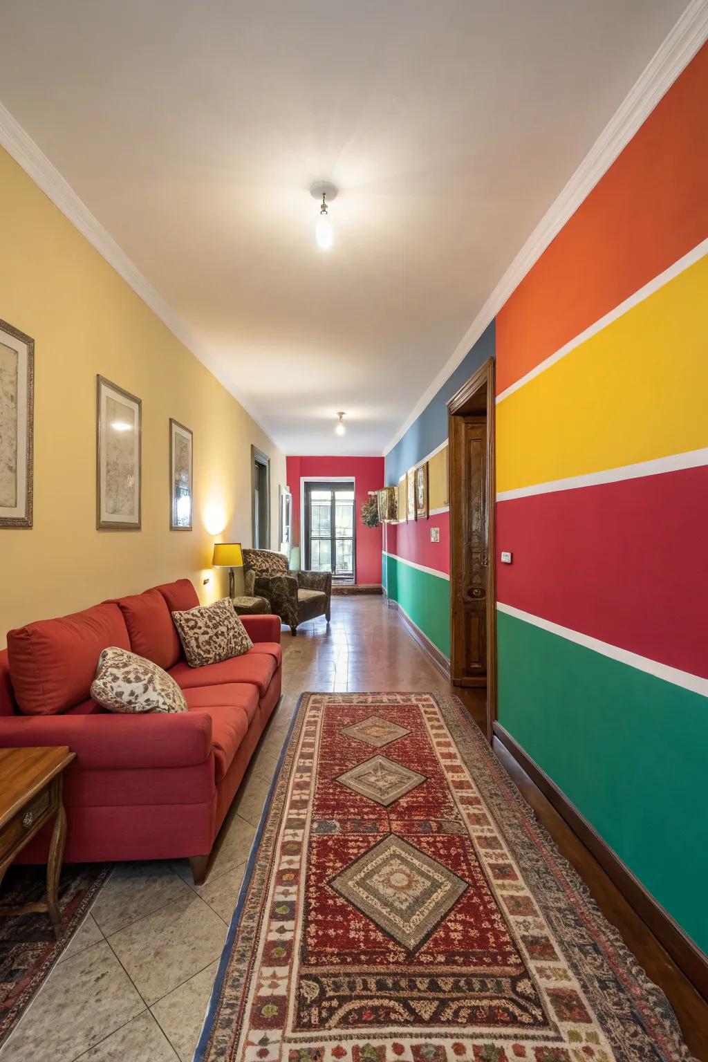 Color blocking adds style and marks off areas in a small room.