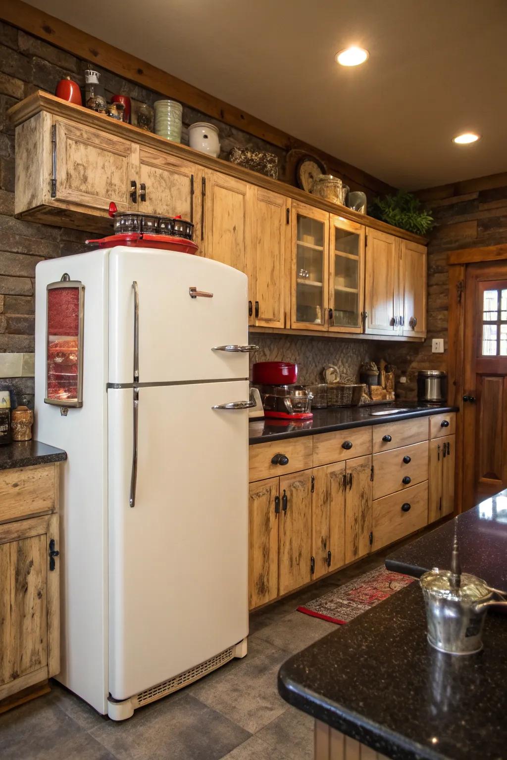 Vintage-style elements around the refrigerator create a nostalgic and warm kitchen feel.