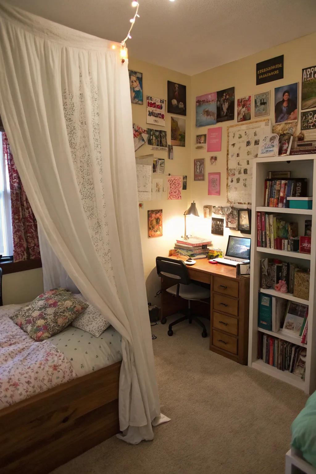 Window treatments encircling the bed establish a snug and secluded corner.