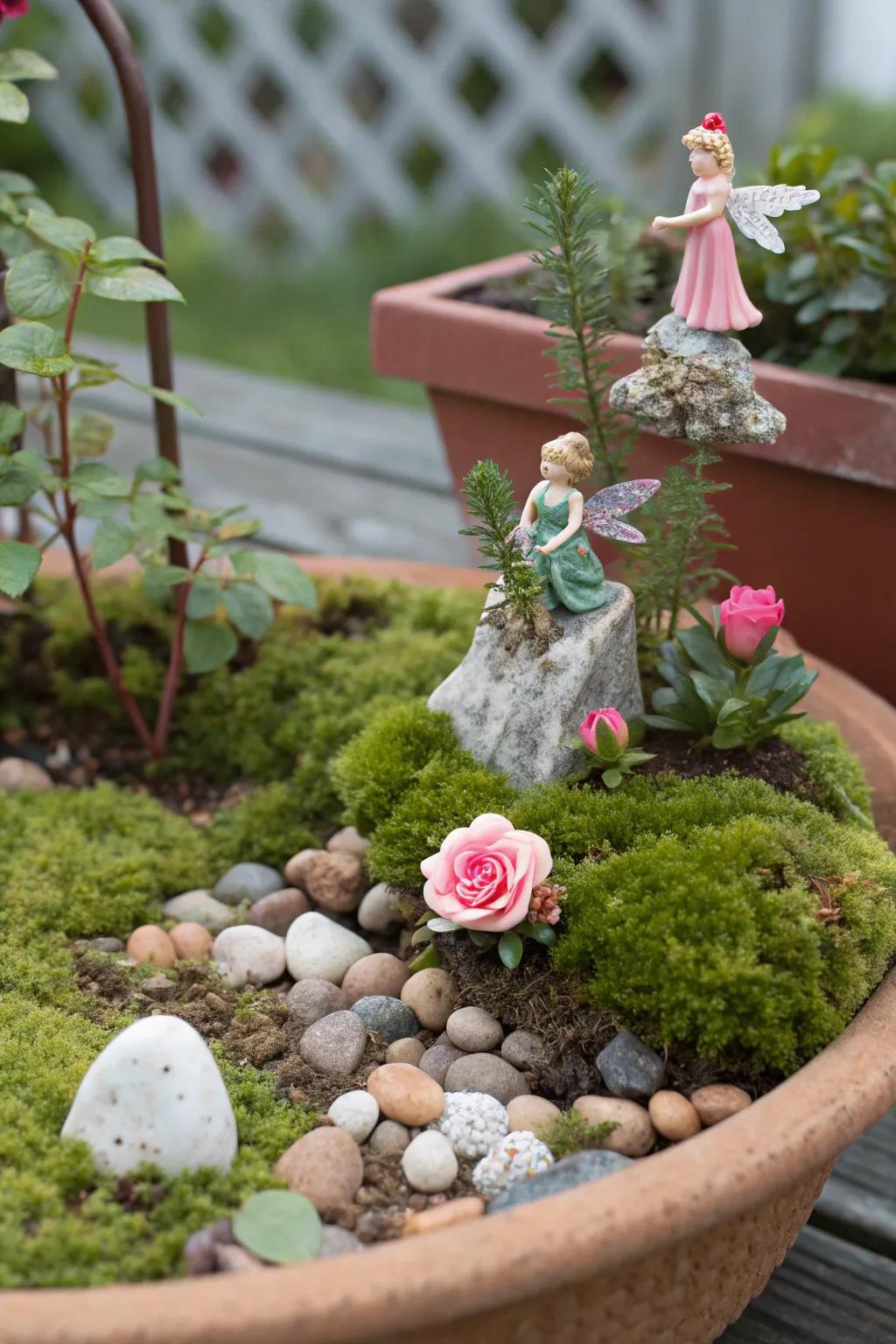 Create a magical world with rose moss in a miniature fairy garden.