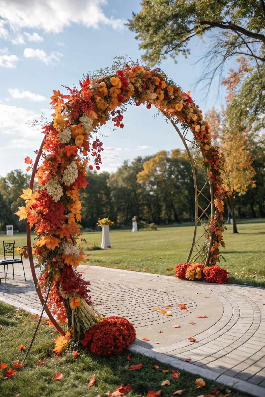 A seasonal round wedding arch with autumn elements.