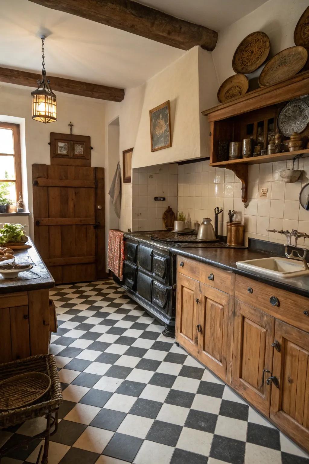 Checkerboard patterns bring vintage charm to kitchens.