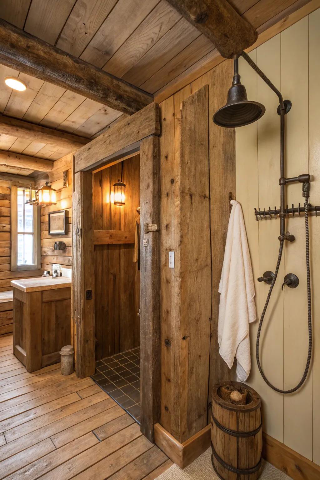 A shower showcasing reclaimed wood elements that add history and character to the rustic design.
