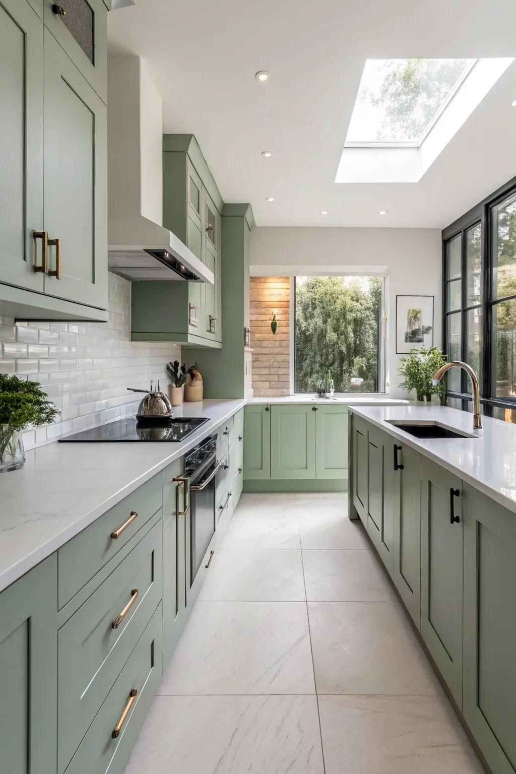 A kitchen with a classic sage green and white color scheme.