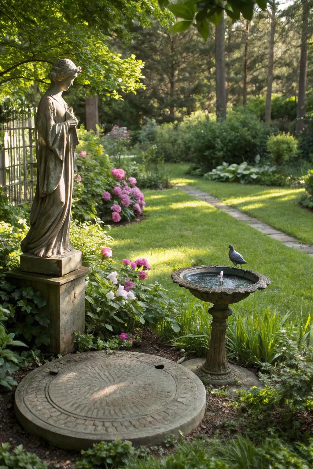 Sculptures and bird baths establish refined garden features.