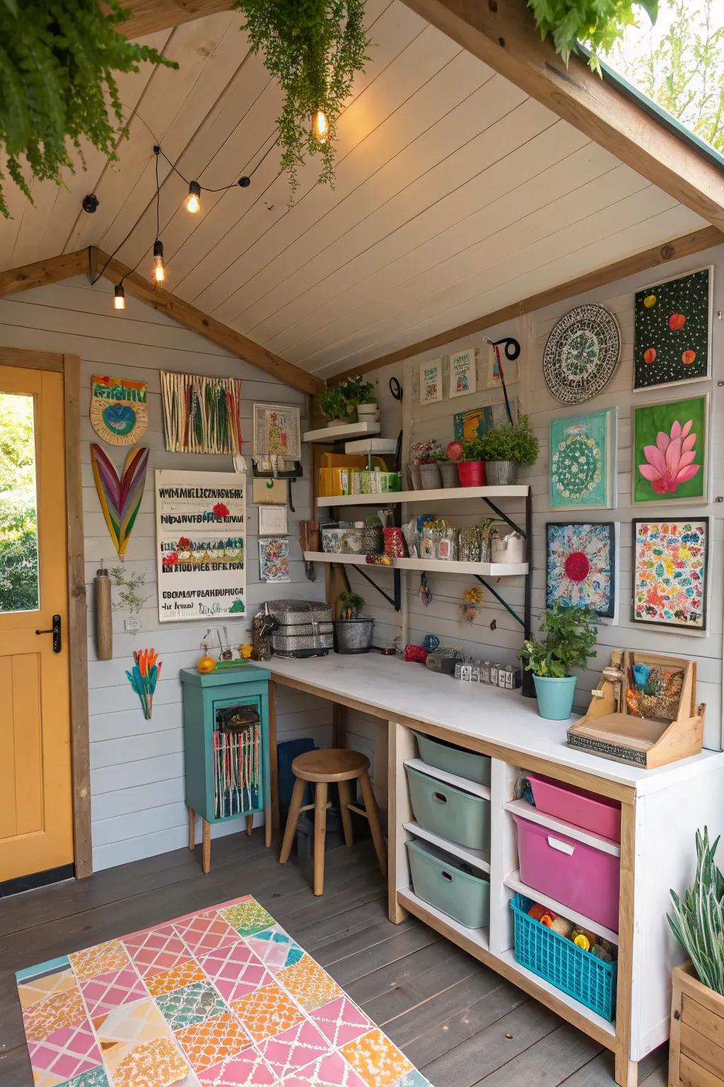 Turn your she shed into a hobby hub with personalized decor and dedicated workspace.