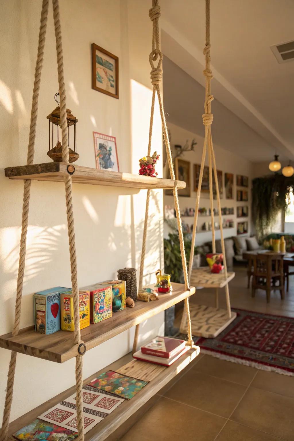 Room featuring hanging shelves with a playful twist.