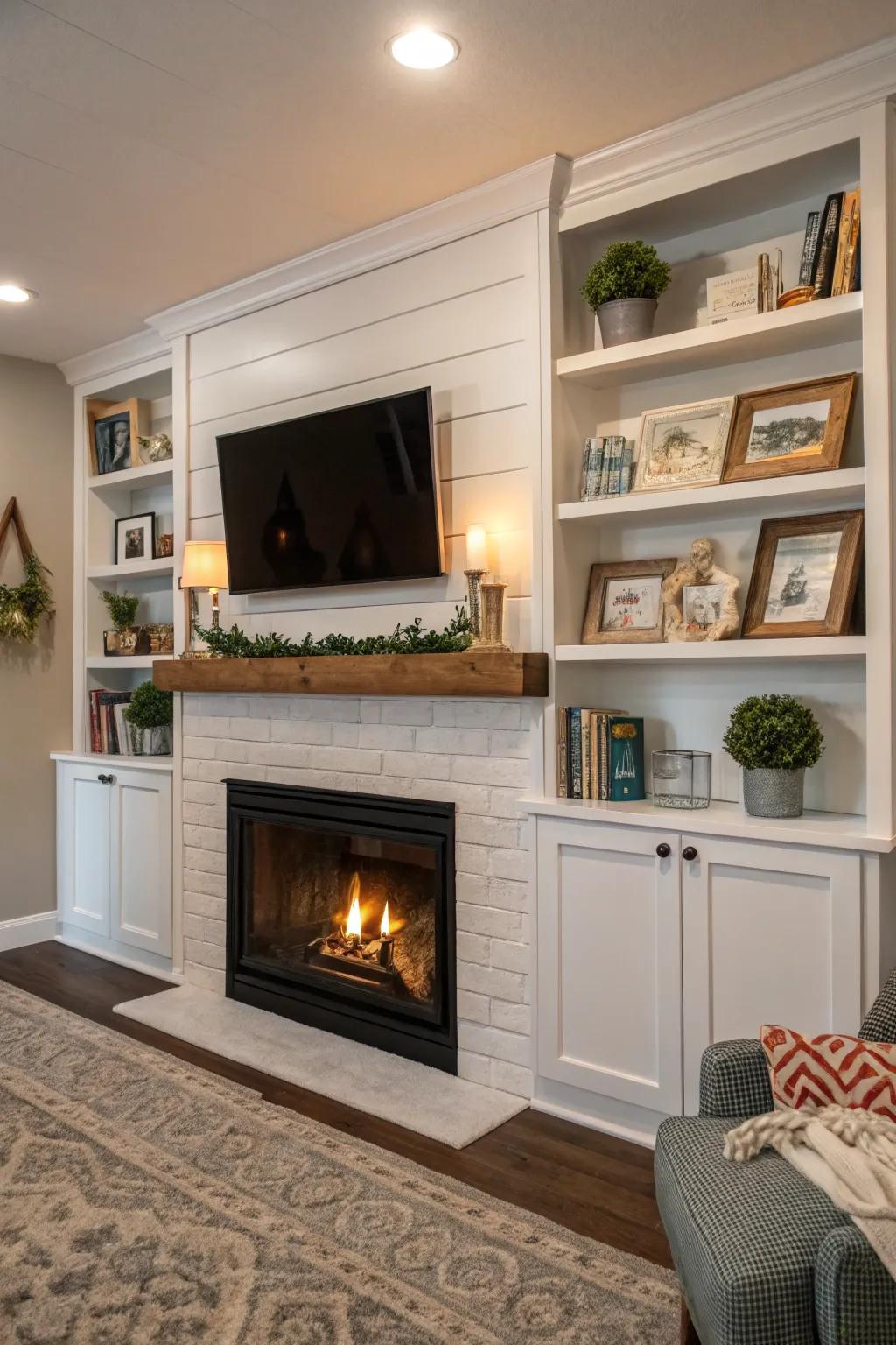 Built-in shelves add functionality and personal style to the shiplap fireplace.