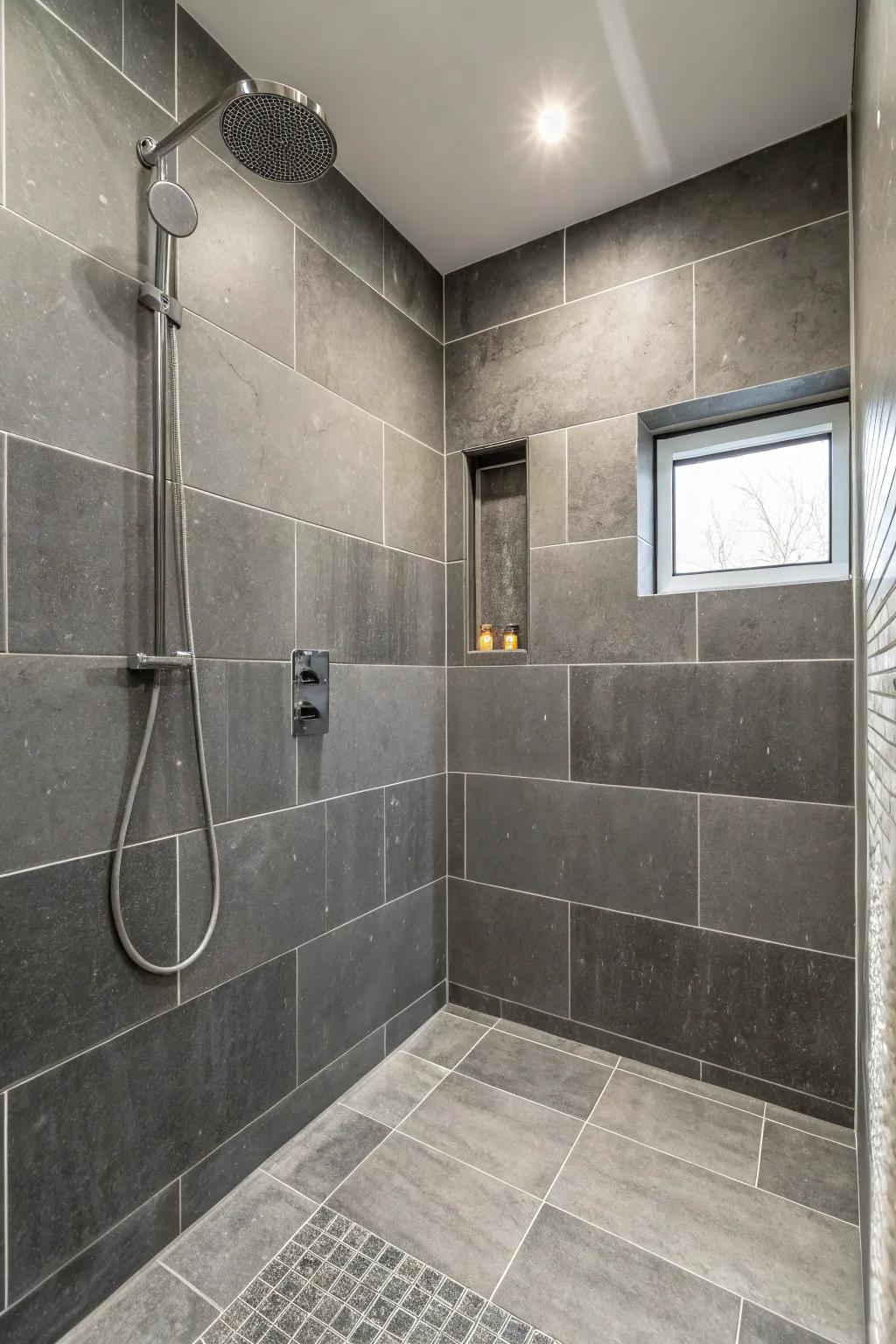 Spacious feel with large format grey tiles in a shower.